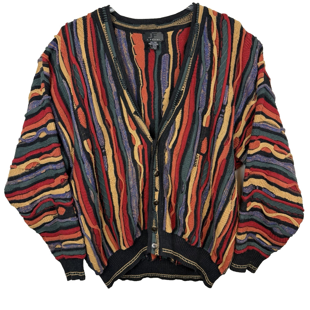 Vtg 3D Textured Knit Cardigan Sweater Men's XXL Multicolor Grandpa Cosby Style